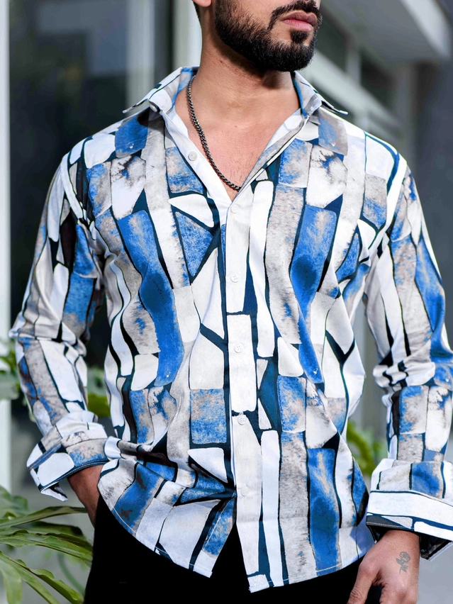 Full Sleeves Printed Shirt for Men (Blue & White, S)