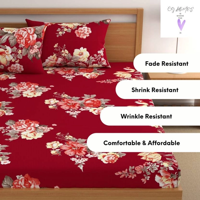 CG Homes 180 TC Fitted Elastic Double Printed Bedsheet With 2 Pillow Cover Cotton (Red)