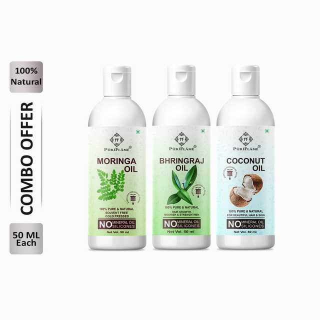 Puriflame Pure Moringa Oil (50 ml), Bhringraj Oil (50 ml) & Coconut Oil (50 ml) Combo for Rapid Hair Growth (Pack Of 3) (B-11710)