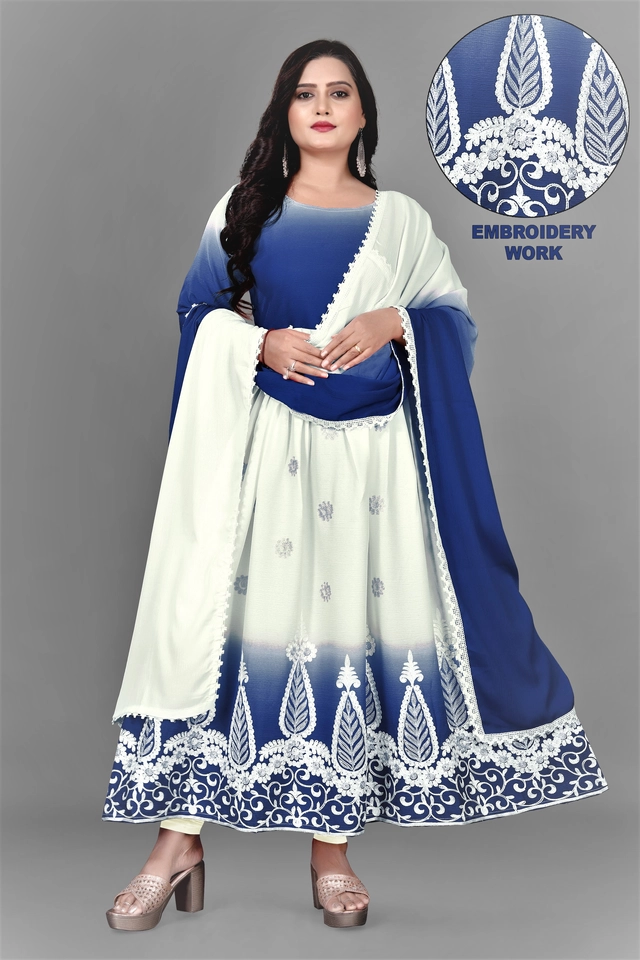 Jute Silk Ethnic Motif Gown with Dupatta for Women (Blue & White, S)