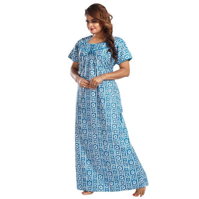 Satin Printed Feeding Nighty for Women (Aqua Blue, Free Size)