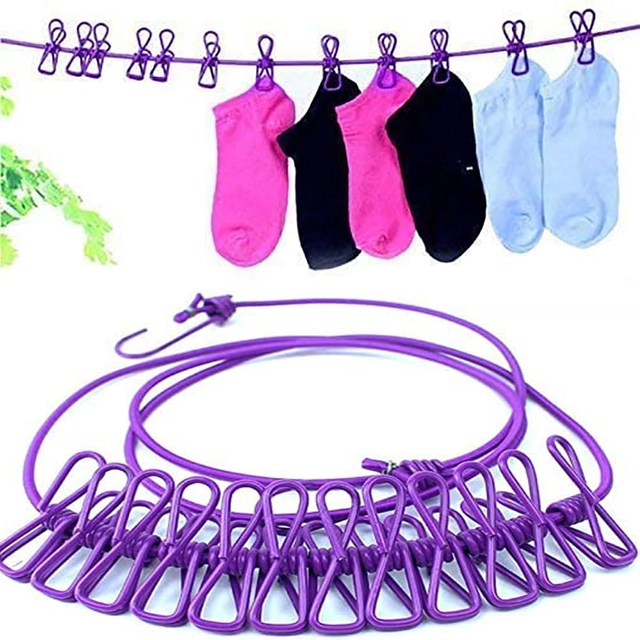 Stretchable Clothesline with 12 Pcs Cloth Pins (Multicolor)