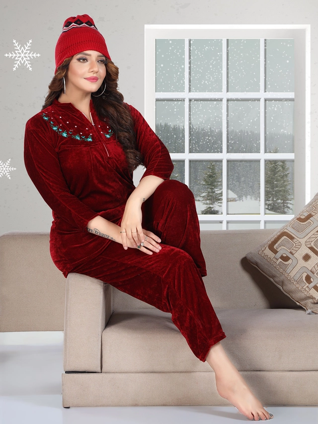 Velvet Solid Nightsuit for Women (Maroon, M)