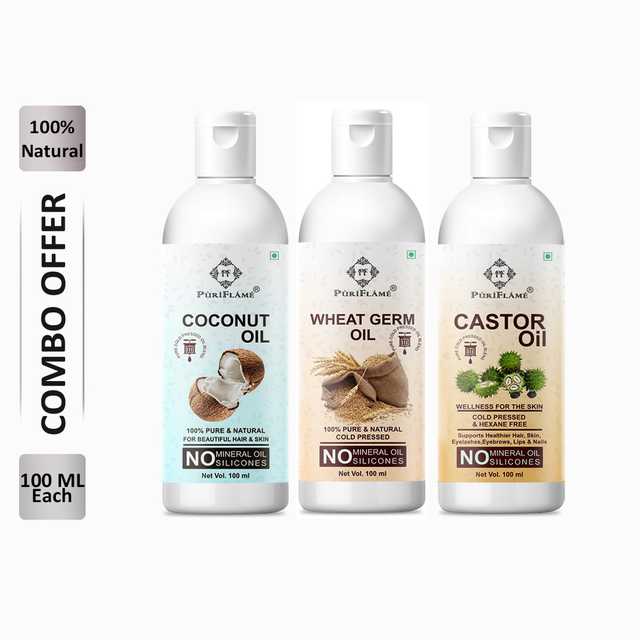 PuriFlame Pure Coconut Oil (100 ml) & Wheat Germ Oil (100 ml) & Castor Oil (100 ml) Combo For Rapid Hair Growth (Pack Of 3) (B-3966)