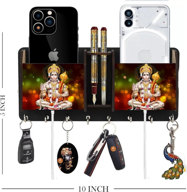 Khatu Crafts Printed Hanuman Two Box Wood Key Holder (8 Hooks, Multicolor)