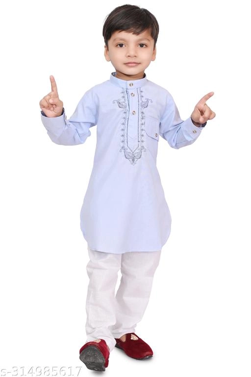 Cotton Blend Solid Kurta with Pyjama for Boys (Sky Blue & White, 2-3 Years)