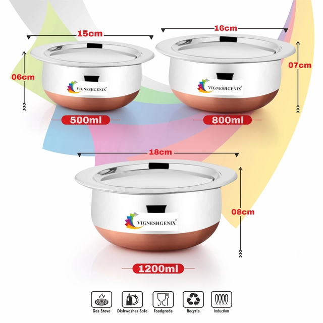 Stainless Steel Copper Bottom Handi Pot Set with Lid (Silver & Beige, Set of 3)