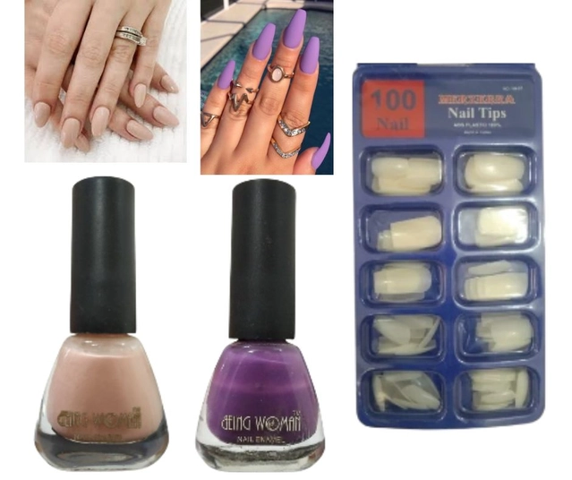 Combo of 2 Pcs Being Woman Nail Polishes & 100 Pcs Artificial Nail Tips (Multicolor, Set of 3)