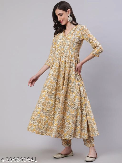 Cotton Printed Anarkali Kurti with Pant & Dupatta for Women (Yellow, S)