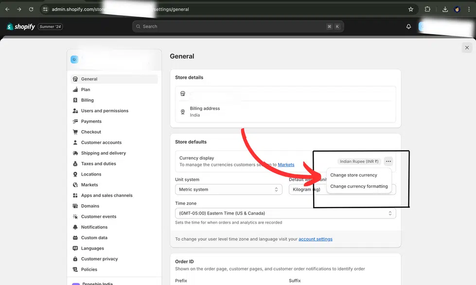 Step 3: Select 'Change store currency'.