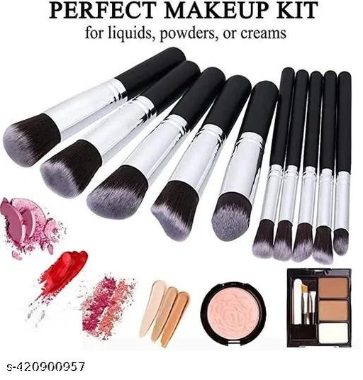 Plastic Makeup Brushes Set (Black, Set of 10)