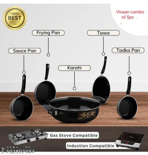 Combo of Sauce Pan, Tadka Pan, Fry Pan, Tawa & Kadai (Black, Set of 5)