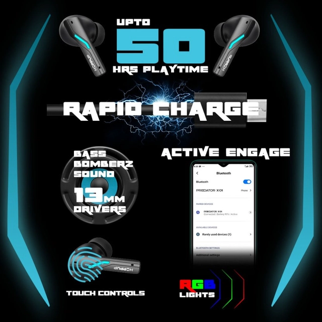 HOPPUP Predator Xo1 Earbuds with 50H Playtime,13MM Drivers,40MS Low Latency,ENC Bluetooth Gaming  (Black, Pack of 1)