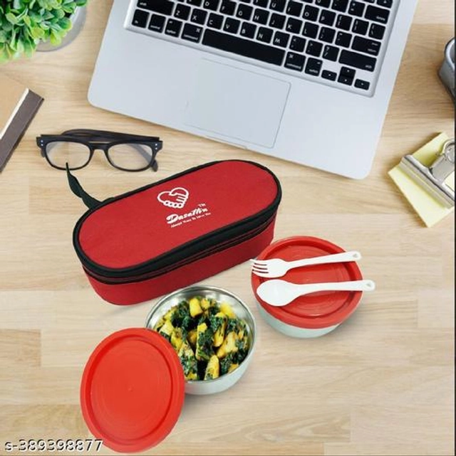 Stainless Steel 3 Container Lunch Box with Bag (Red, Set of 1)