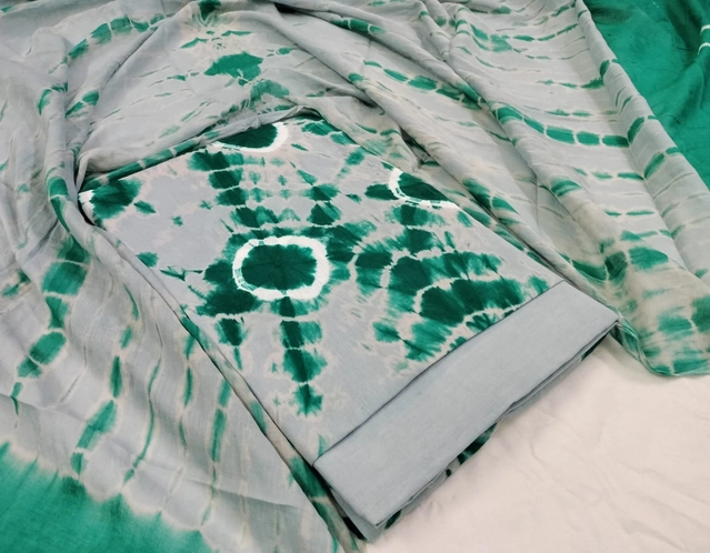 Cotton Bandhani Gola Batik Unstitched Suit Fabric with Dupatta for Women (Grey & Green, 2.25 m)