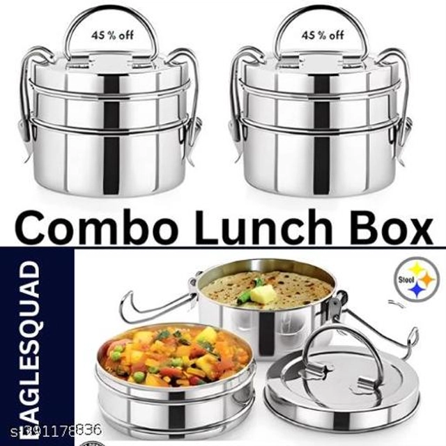 Stainless Steel 2 Layer Lunch Box (Silver, Pack of 2)