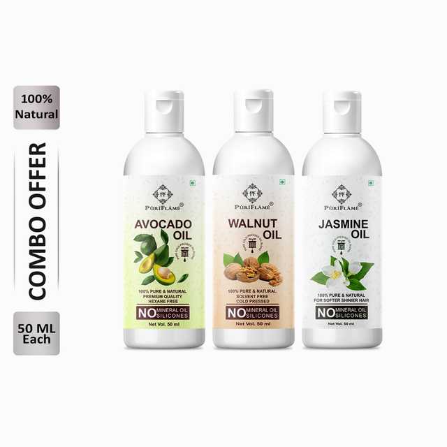 Puriflame Pure Avocado Oil (50 ml), Walnut Oil (50 ml) & Jasmine Oil (50 ml) Combo for Rapid Hair Growth (Pack Of 3) (B-9197)