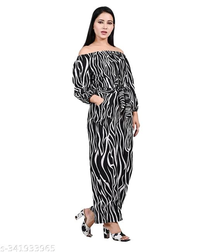 Crape Jumpsuit for Women (Black & White, S)