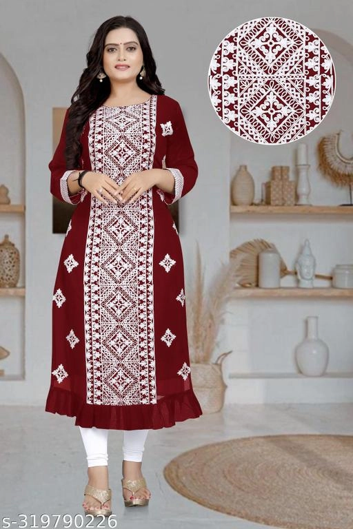 Georgette Embroidered Kurti for Women (Maroon, M)