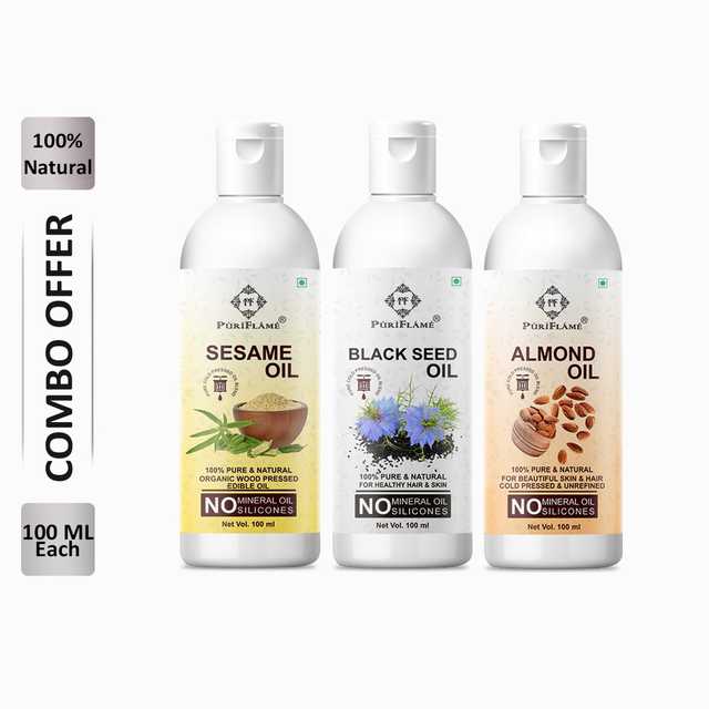 PuriFlame Pure Sesame Oil (100 ml) & Blackseed Oil (100 ml) & Almond Oil (100 ml) Combo For Rapid Hair Growth (Pack Of 3) (B-7470)