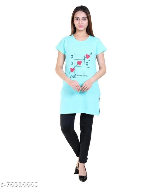 Round Neck Printed Long T-Shirt for Women (Aqua Blue, M)