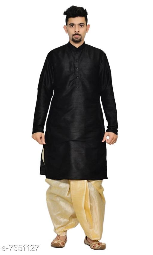 Dupion Silk Solid Kurta with Dhoti for Men (Black & Beige, S)