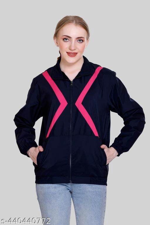 Nylon Solid Jackets for Women (Navy Blue, M)