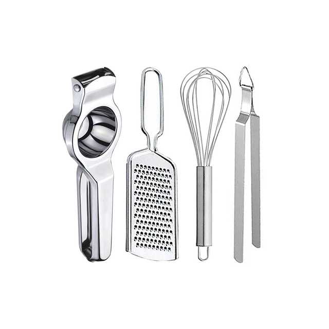 Oc9 Stainless Steel Lemon Squeezer & Cheese Grater & Egg Whisk & Roti Chimta Kitchen Tool Set (O-35)