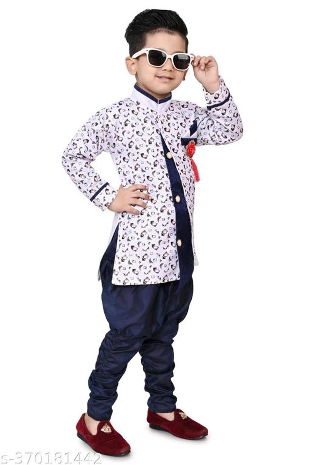 Cotton Blend Sherwani for Boys (White & Navy Blue, 9-12 Months)