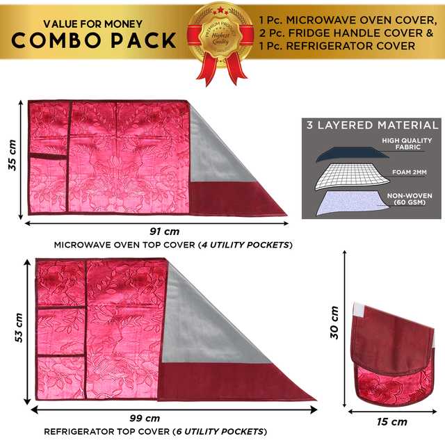 Rexine Combo Set Of (1 Fridge Cover, 2 Handle Cover & 1 Microwave Cover) (Red) (A-50)