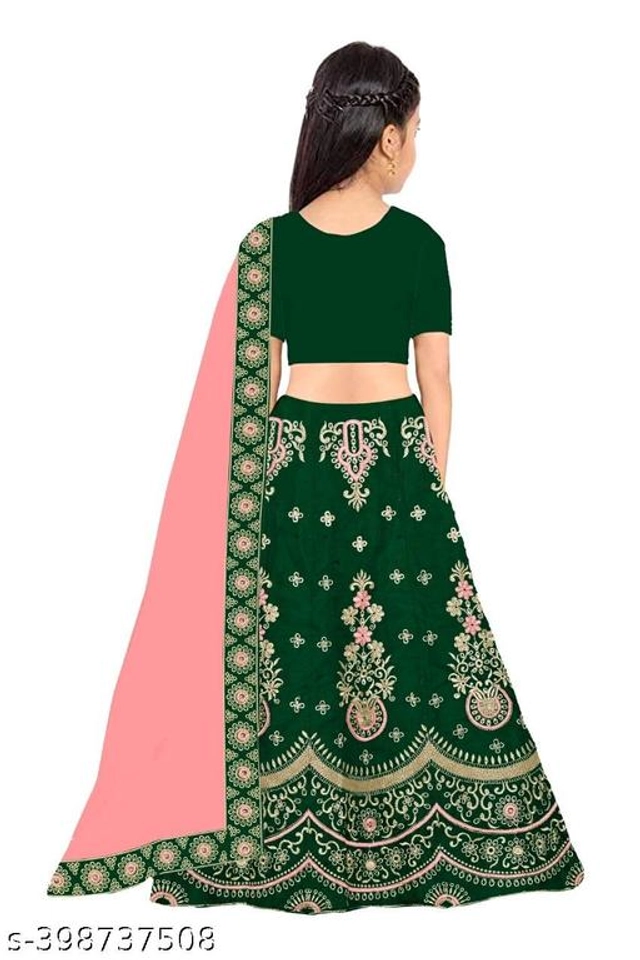 Satin Embroidered Lehenga with Choli & Dupatta for Girls (Green & Pink, 2-3 Years)