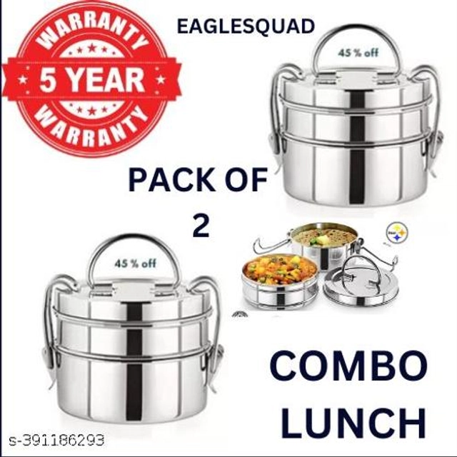 Stainless Steel 2 Layer Lunch Box (Silver, Pack of 2)