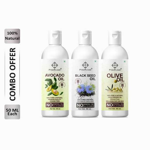 Puriflame Pure Avocado Oil (50 ml), Black Seed Oil (50 ml) & Olive Oil (50 ml) Combo for Rapid Hair Growth (Pack Of 3) (B-8962)