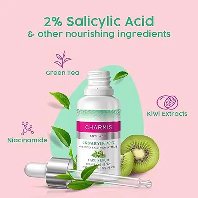 Charmis Anti Acne Face Serum with 2% Salicylic Acid, Green Tea & Kiwi extracts for Clear & Glowing skin 30 ml