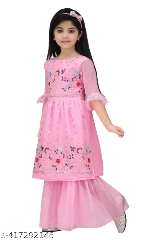 Georgette Kurta Set for Girls (Pink, 12-18 Months)