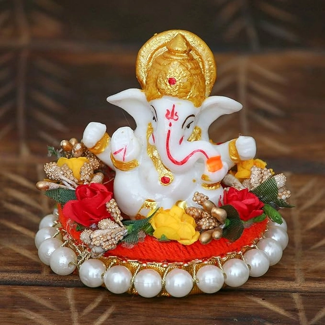 JIYANSH Lord Ganesha Statue on Decorative Handcrafted Plate, God Idol for Car Dashboard, Home, Office Decor (Pack of 1)