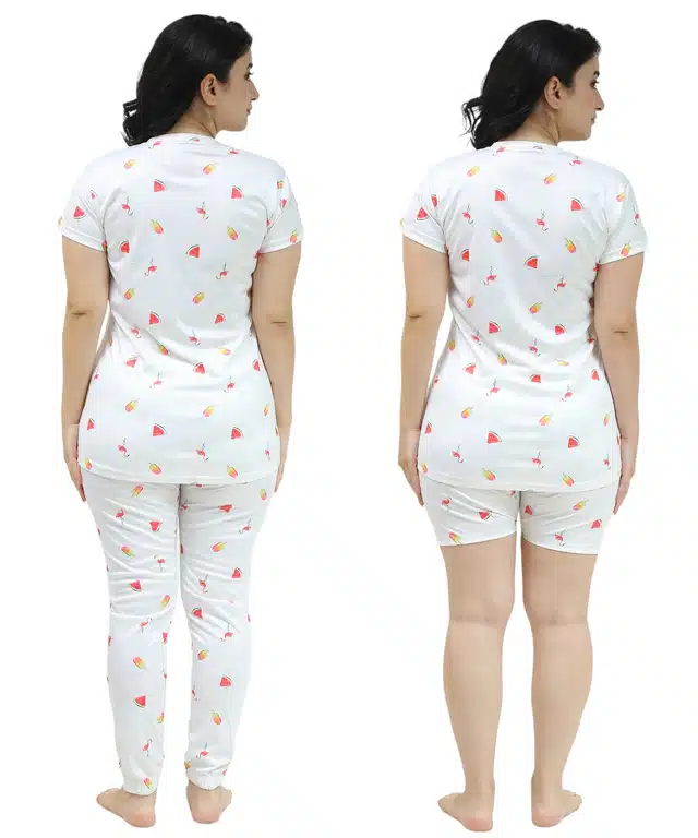 Polyester Printed T-Shirt with Trouser & Shorts Nightsuit Set for Women (White, S)