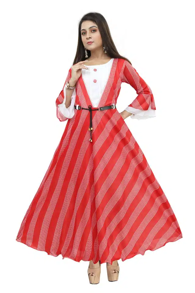 Three Quarter Sleeves Gown for Girls (Red & White, 7-8 Years)