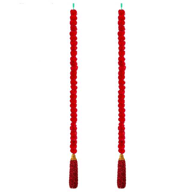 Handmade Decorative Artificial Marigold Fluffy Garland with Bell (Red, 72 Inches) (Pack of 2 ) (IH-569)