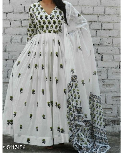 Cotton Cambric Printed Anarkali Kurti with Pant & Dupatta for Women (White, M)