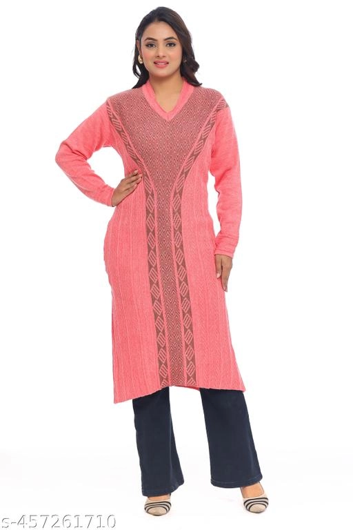 Woolen Printed Kurti for Women (Pink, L)