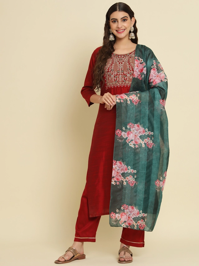 Cotton Blend Printed Kurti with Pant & Dupatta for Women (Multicolor, XL)