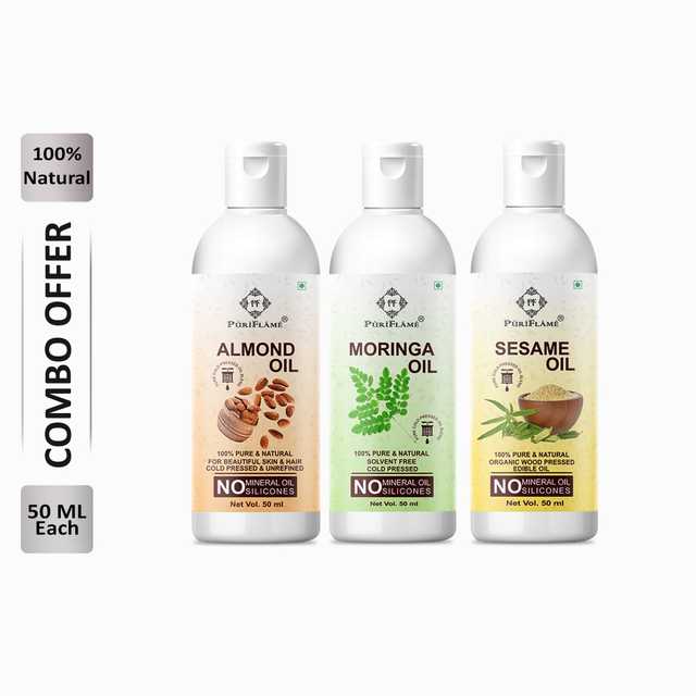 Puriflame Pure Almond Oil (50 ml), Moringa Oil (50 ml) & Sesame Oil (50 ml) Combo for Rapid Hair Growth (Pack of 3) (B-8779)