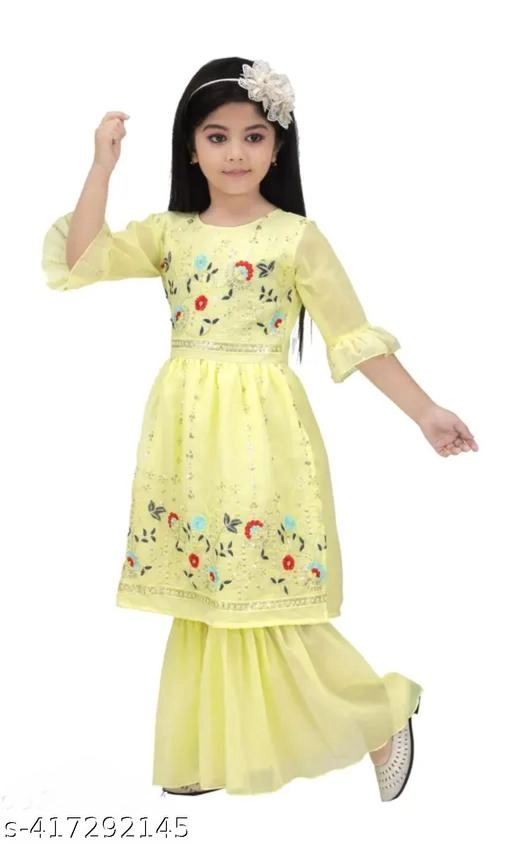 Georgette Kurta Set for Girls (Yellow, 12-18 Months)