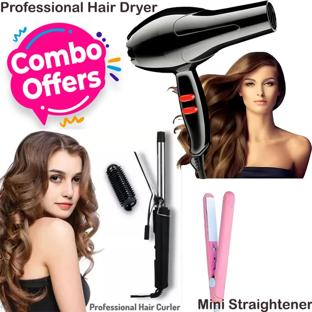 Combo of Hair Dryer, Hair Curler & Mini Hair Straightener (Multicolor, Set of 3)