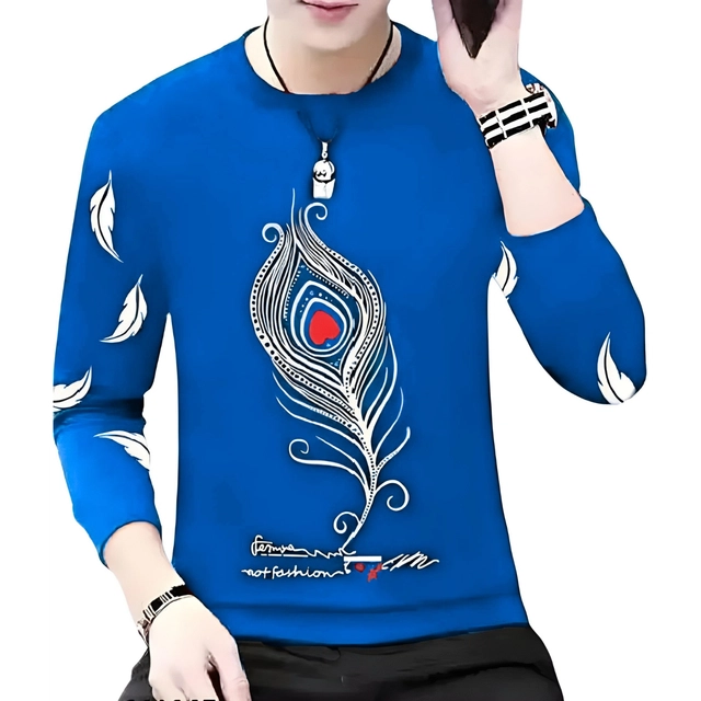 Round Neck Printed T-Shirt for Men (Royal Blue, S)