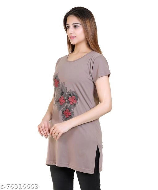 Round Neck Printed Long T-Shirt for Women (Grey, M)