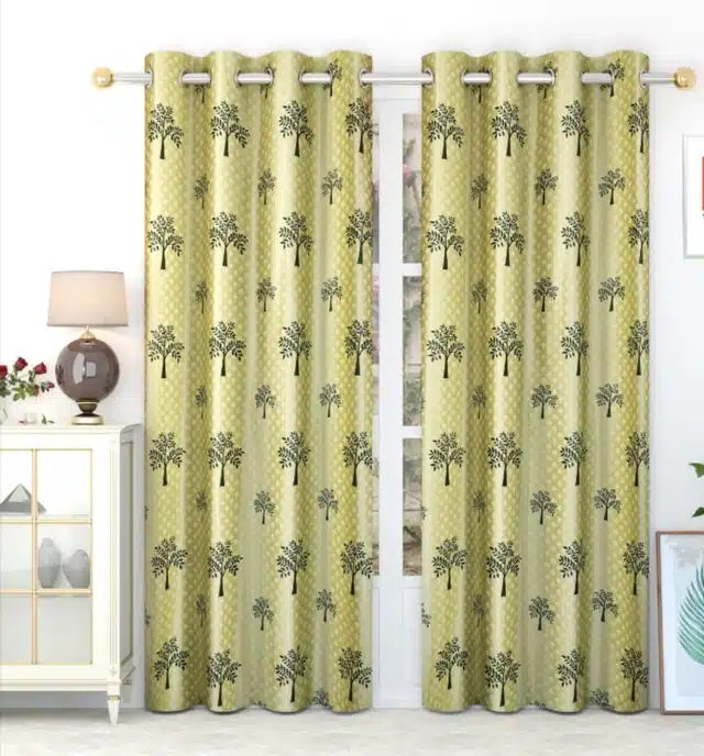 Polyester Printed Window & Door Curtains (Pack of 2) (Green, 7 feet)