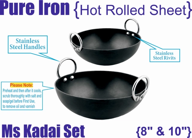 Iron Non Coated Kadhai (Black, 1 L & 2 L) (Set of 2)