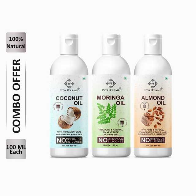 PuriFlame Pure Coconut Oil (100 ml) & Moringa Oil (100 ml) & Almond Oil (100 ml) Combo For Rapid Hair Growth (Pack Of 3) (B-3817)